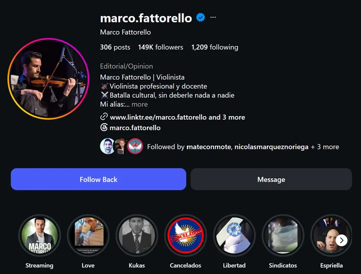 Perfil verificado de Instagram @marco.fattorello con 149 mil seguidores